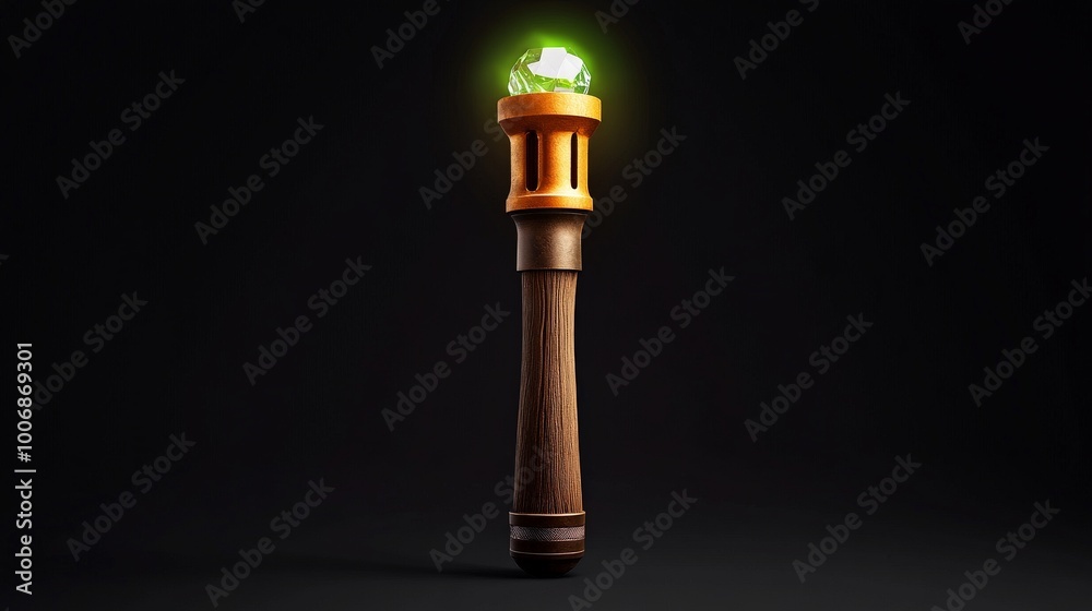 Mystical Wooden Staff with Glowing Gem: A 3D rendered image of an enchanted wooden staff, topped with a glowing green gemstone, set against a dark background. Perfect for fantasy games, RPGs. Mystical Wooden Staff with Glowing Gem: A 3D rendered image of an enchanted wooden staff, topped with a glowing green gemstone, set against a dark background. Perfect for fantasy games, RPGs.
