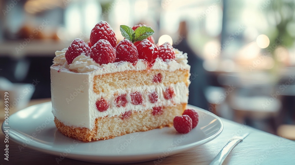 Delicious Slice of Raspberry Cake on White Plate Delicious Slice of Raspberry Cake on White Plate