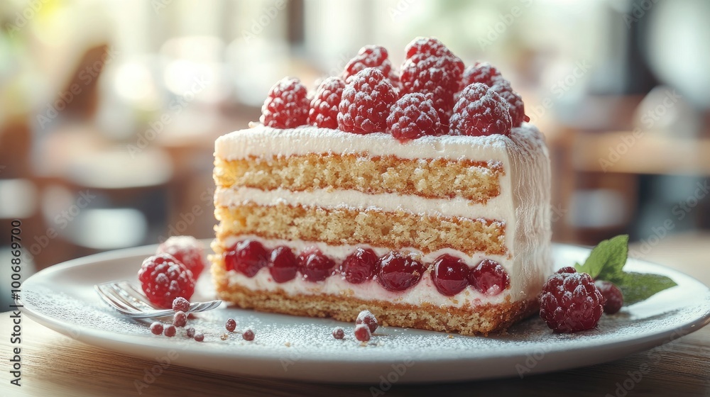 Delicious Slice of Raspberry Cake with Whipped Cream and Powdered Sugar Delicious Slice of Raspberry Cake with Whipped Cream and Powdered Sugar