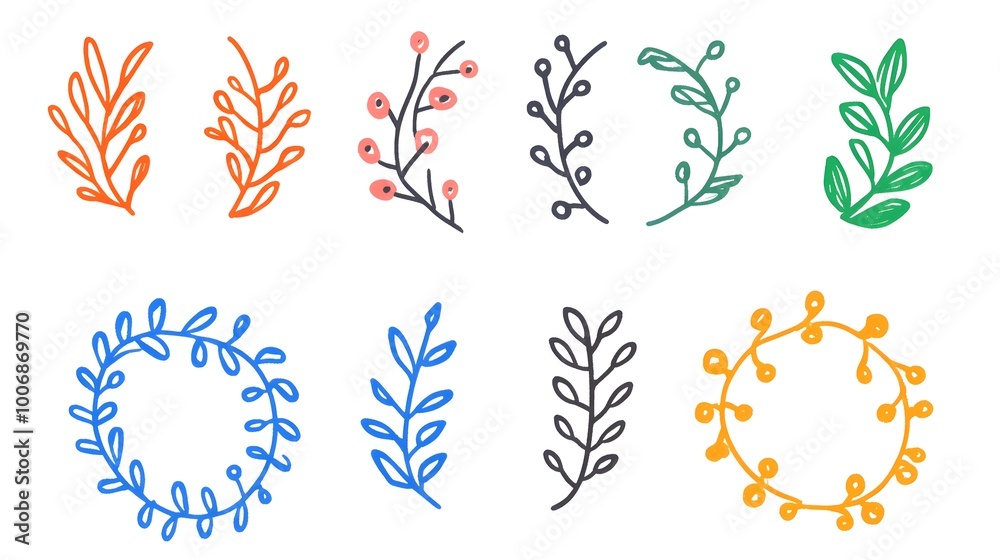 Fototapeta premium Colorful hand-drawn floral illustrations in various styles.