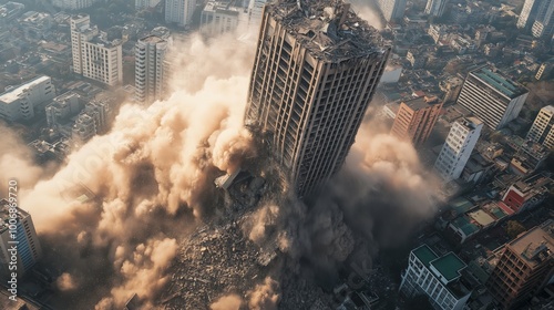 Aerial view of a tall building collapsing during an earthquake, thick dust and debris rising as the structure crumbles, widespread destruction visible in the city, selective focus


