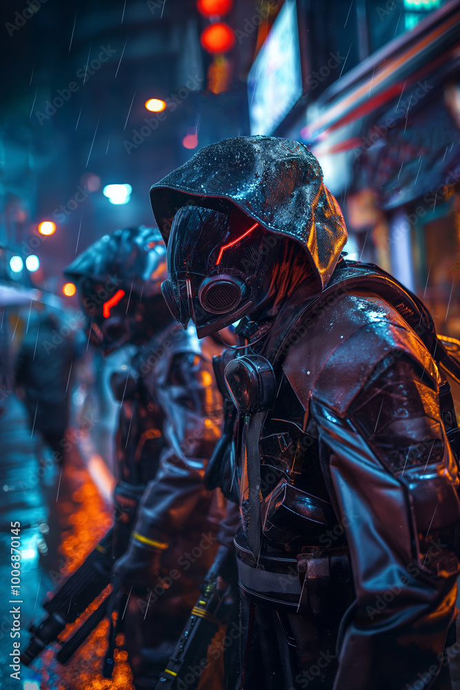 Soldiers in Futuristic Rainy City at Night Soldiers in Futuristic Rainy City at Night