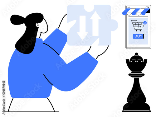 Person holding puzzle piece and arrows next to smartphone with cart and buy button and chess piece. Ideal for problem solving, strategic thinking, e-commerce, online shopping, planning. Modern