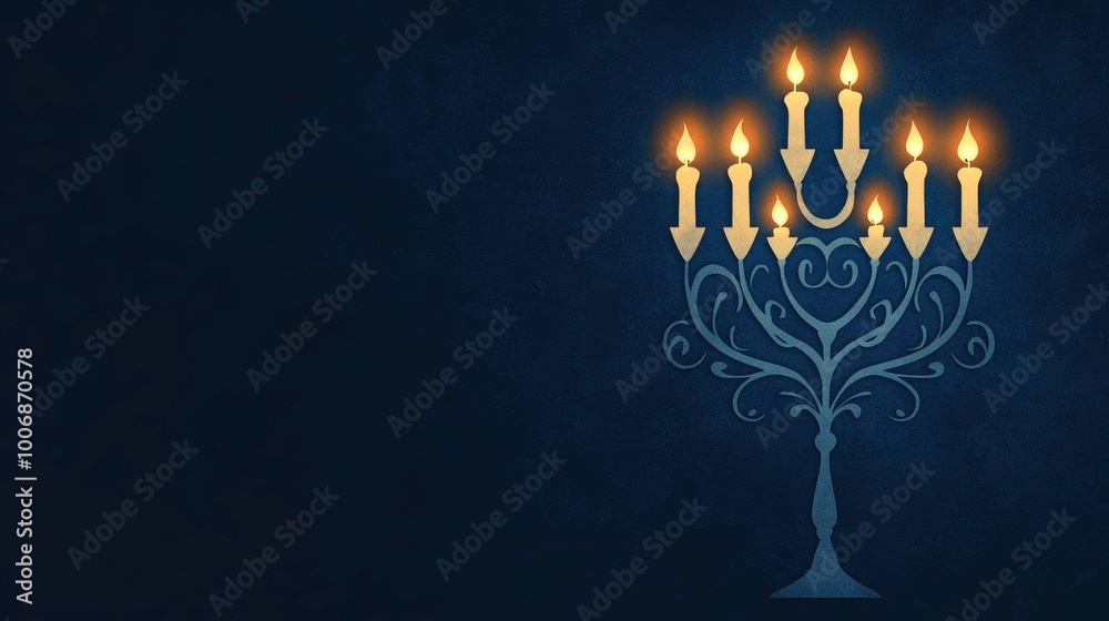 The background is dark blue, with a depiction of the Menorah lit by candles. The background is dark blue, with a depiction of the Menorah lit by candles.