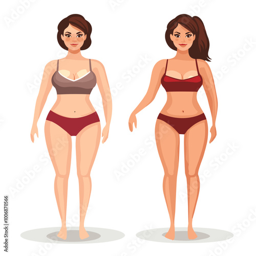 A fat and a slim woman, A slim woman and a fat woman wearing black underwear. Front view. Healthy and unhealthy lifestyle. Vector illustration in flat style