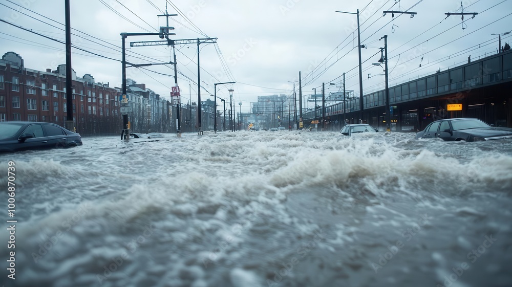 Obraz premium Floodwaters rushing through a city, washing away cars and flooding subway stations urban flooding, infrastructure damage