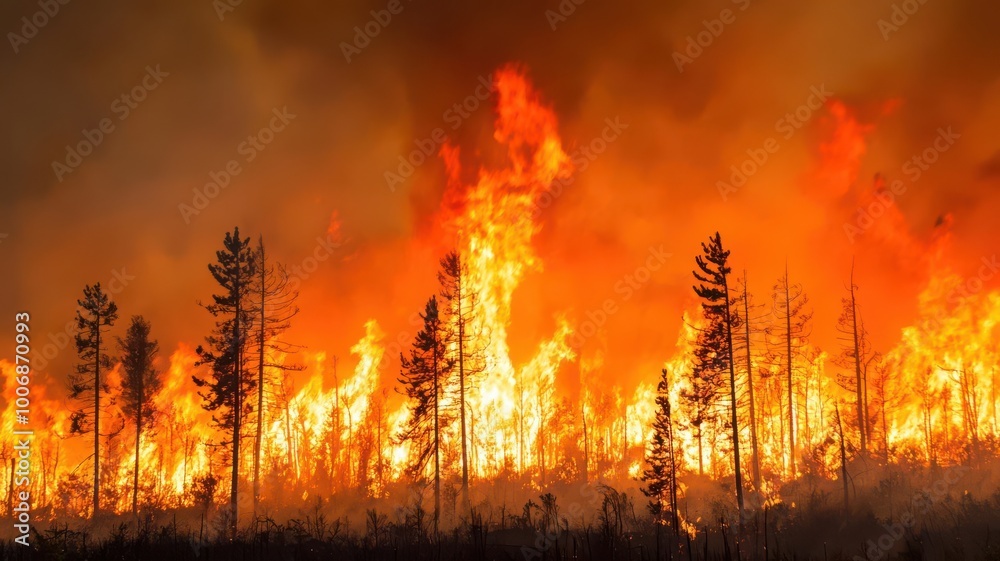 Fototapeta premium Forest fire raging through dry woodlands, with firefighters battling the flames wildfire, environmental disaster