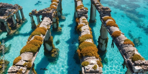 Aerial view of dilapidated temple columns on ocean floor. photo