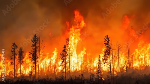 Forest fire raging through dry woodlands, with firefighters battling the flames wildfire, environmental disaster