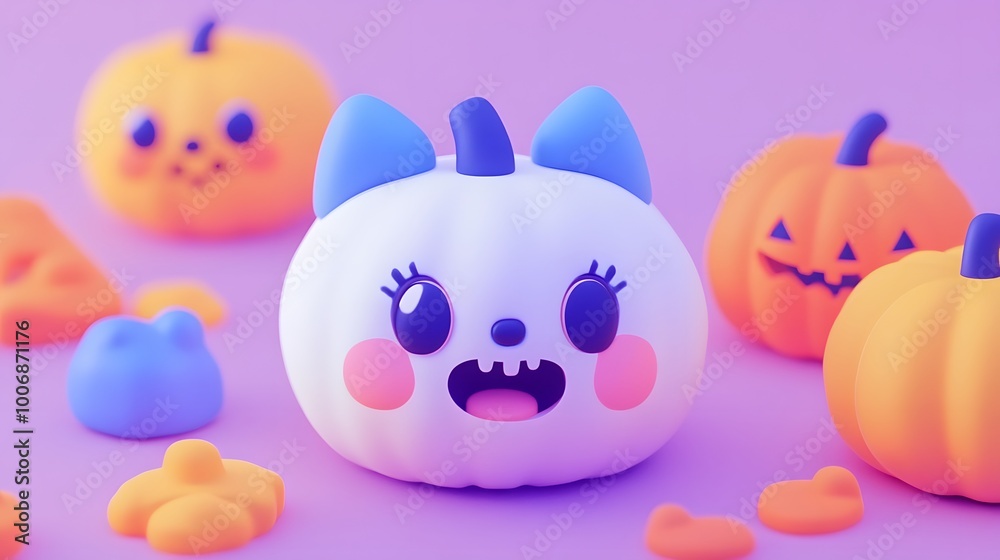 Cute cartoon-style pumpkin character with blue ears and happy expression. Cute cartoon-style pumpkin character with blue ears and happy expression.