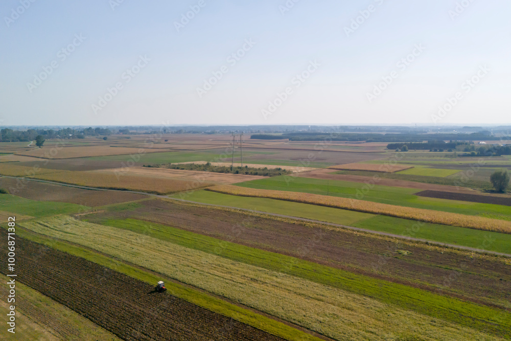 Aerial view of vibrant agricultural fields showcasing diverse crops and rich textures under a clear sky Aerial view of vibrant agricultural fields showcasing diverse crops and rich textures under a clear sky
