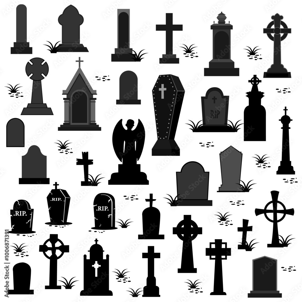 Fototapeta premium Big collection of Gravestone, Tombstone and Headstone silhouette icon isolated on white Background. Ancient RIP concept for Halloween Background and Texture. Funeral Element design set