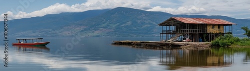 Wooden House on Stilts by the Lake with Mountains and Boat