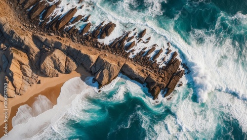 Aerial view of the ocean rocky shore Capturing the raw beauty and power of nature with the contrast between land and sea. photo