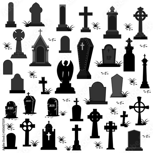 Big collection of Gravestone, Tombstone and Headstone silhouette icon isolated on white Background. Ancient RIP concept for Halloween Background and Texture. Funeral Element design set