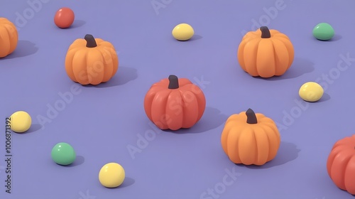 Colorful pumpkins and eggs scattered on a purple surface.