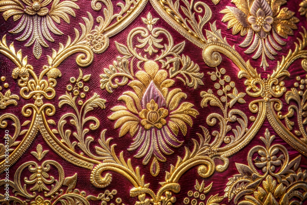 Golden embroidery on red fabric with floral design Golden embroidery on red fabric with floral design