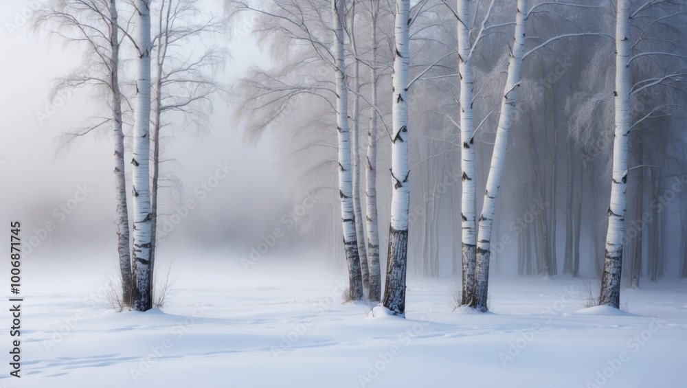 A snowy birch forest with a foggy background. A snowy birch forest with a foggy background.