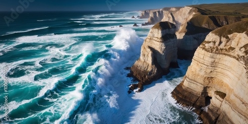 Drone shot capturing the dynamic sea foam on coastal cliffs. photo