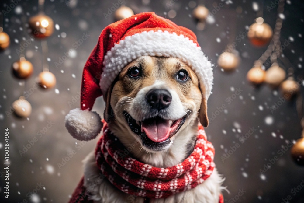 Happy New Year and Merry Christmas! Snow is falling. A cheerful dog is sitting in a Santa Claus hat. The dog is waiting for the holiday. Happy New Year and Merry Christmas! Snow is falling. A cheerful dog is sitting in a Santa Claus hat. The dog is waiting for the holiday.