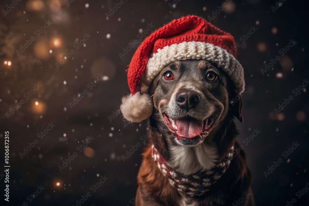Happy New Year and Merry Christmas! Snow is falling. A cheerful dog is sitting in a Santa Claus hat. The dog is waiting for the holiday. Happy New Year and Merry Christmas! Snow is falling. A cheerful dog is sitting in a Santa Claus hat. The dog is waiting for the holiday.