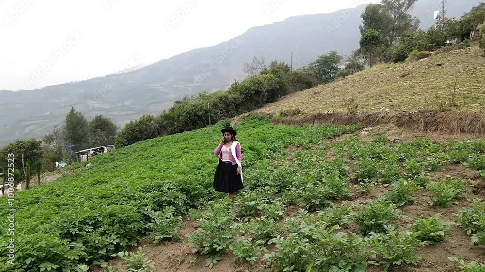 Video de una feliz y bonita campesina con un sombrero hablando por un teléfono celular en los Andes peruanos. Mujer usando teléfono móvil