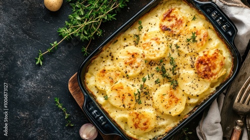 Close up view of casserole dish with scalloped potatoes and herbs