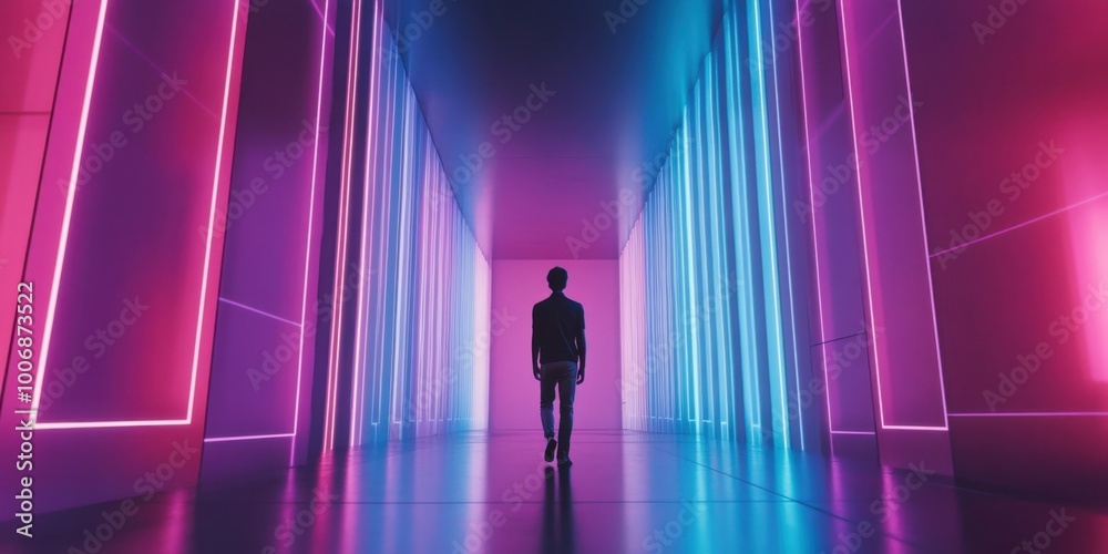 a man walking through a tunnel of neon lights a man walking through a tunnel of neon lights