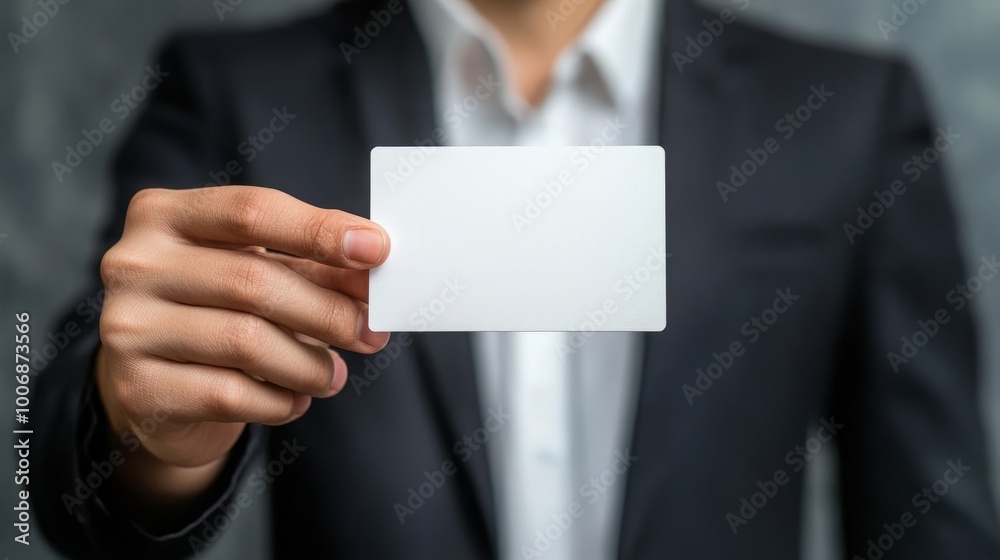 A person in a suit holds out a blank white card, ready to share contact information or a message. A person in a suit holds out a blank white card, ready to share contact information or a message.