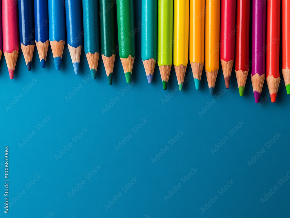 Colorful pencils arranged neatly on a vibrant blue background. Colorful pencils arranged neatly on a vibrant blue background.