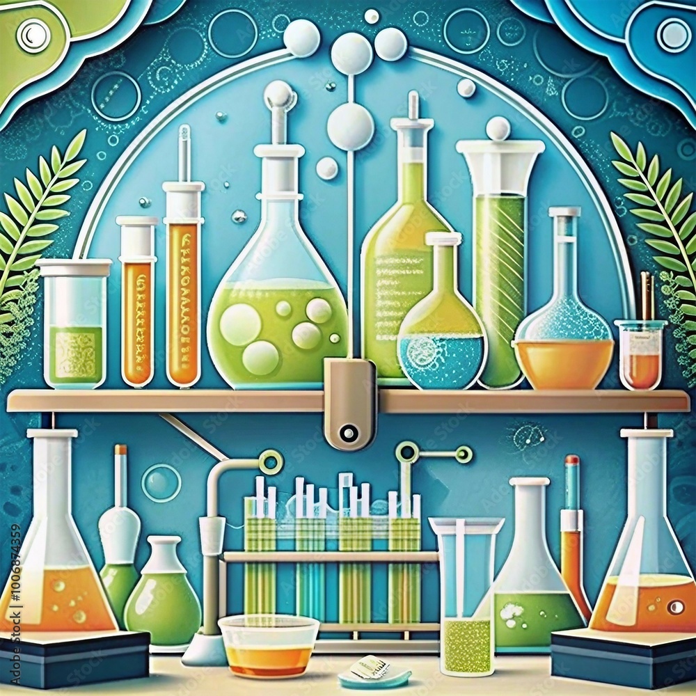 Abstract illustration of laboratory equipment with a microscope, colorful liquids, and organic elements on a circuit board background Abstract illustration of laboratory equipment with a microscope, colorful liquids, and organic elements on a circuit board background