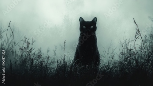 Black cat sitting in the tall grass