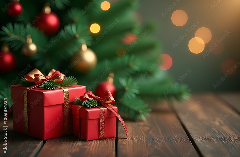 Christmas gift boxes close up view. Blurred Christmas tree in the background. Copy space. Christmas gift boxes close up view. Blurred Christmas tree in the background. Copy space.
