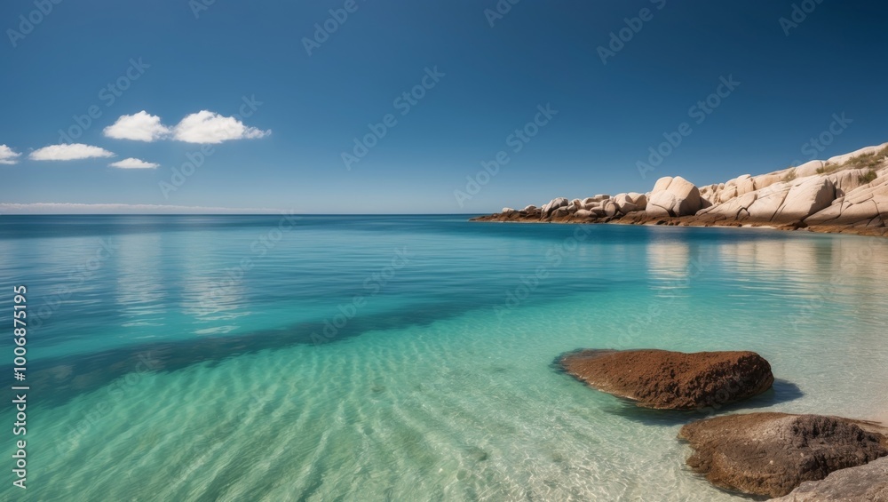Serene seascape with clear sky and rocky shoreline. Serene seascape with clear sky and rocky shoreline.