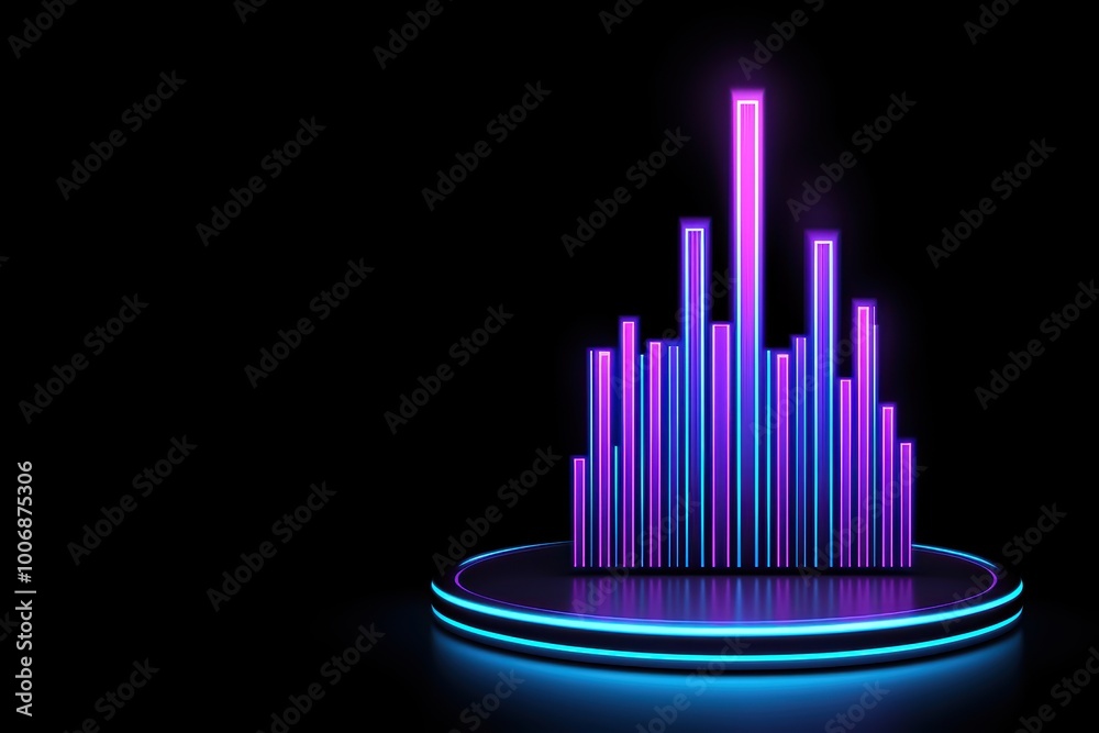 An abstract neon visual representation of sound waves, featuring tall bars in purple against a sleek black background. An abstract neon visual representation of sound waves, featuring tall bars in purple against a sleek black background.