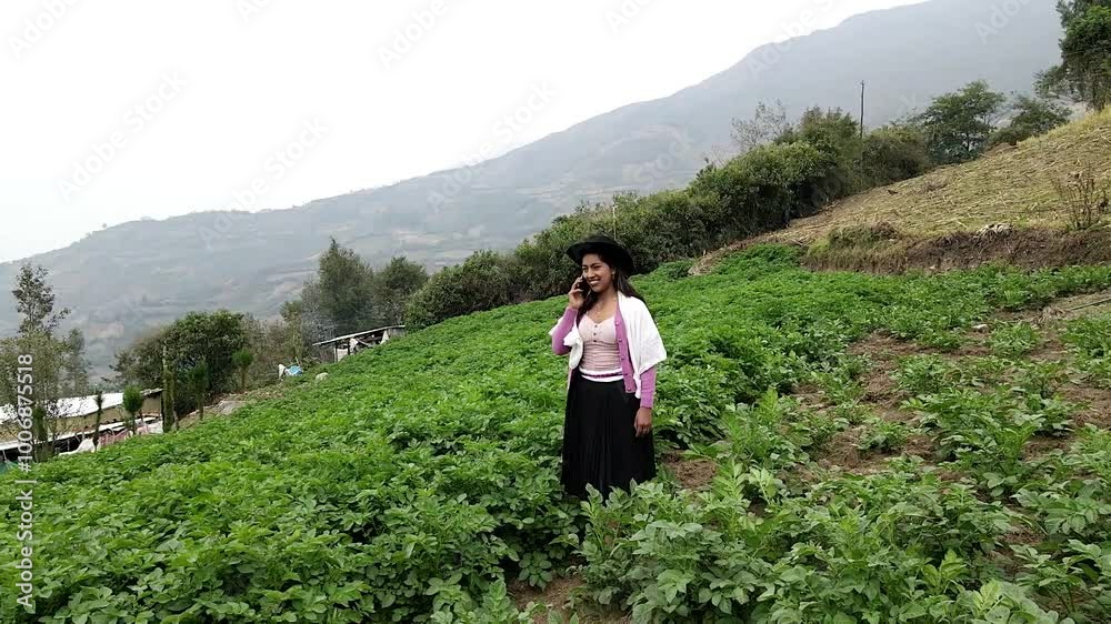 Video de una feliz y bonita campesina con un sombrero hablando por un teléfono celular en los Andes peruanos. Mujer usando teléfono móvil