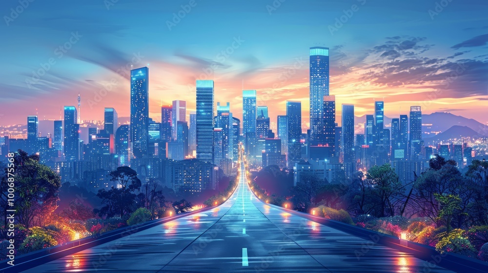 Future city futuristic Modern architecture towers and skyscrapers and green plants along empty road green smart city landscape illustration Future city futuristic Modern architecture towers and skyscrapers and green plants along empty road green smart city landscape illustration