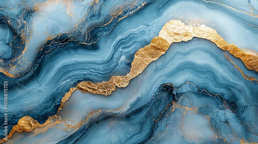 Fototapeta premium A minimalist pastel blue marble background with thin golden veins flowing smoothly, radiating calmness and refinement
