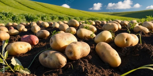 Potatoes in soil farm field Food Crop Vegetable Harvest Farming Organic Produce Agriculture Industry sunlight lighting.