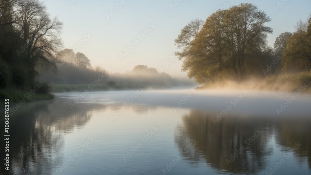 Tranquil morning scene by the river with misty water and reflections. Tranquil morning scene by the river with misty water and reflections.
