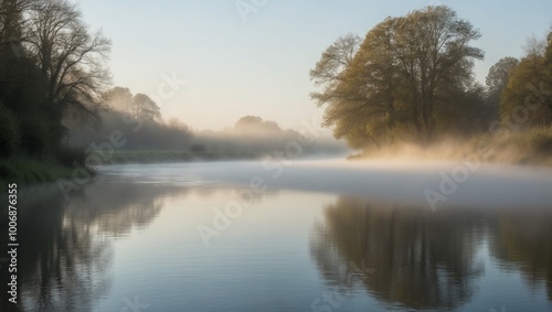 Tranquil morning scene by the river with misty water and reflections.