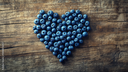 Heart-Shaped Blueberry Arrangement on Rustic Wooden Background. Heart-Healty concept, Heart-Check Certified Fruits. photo