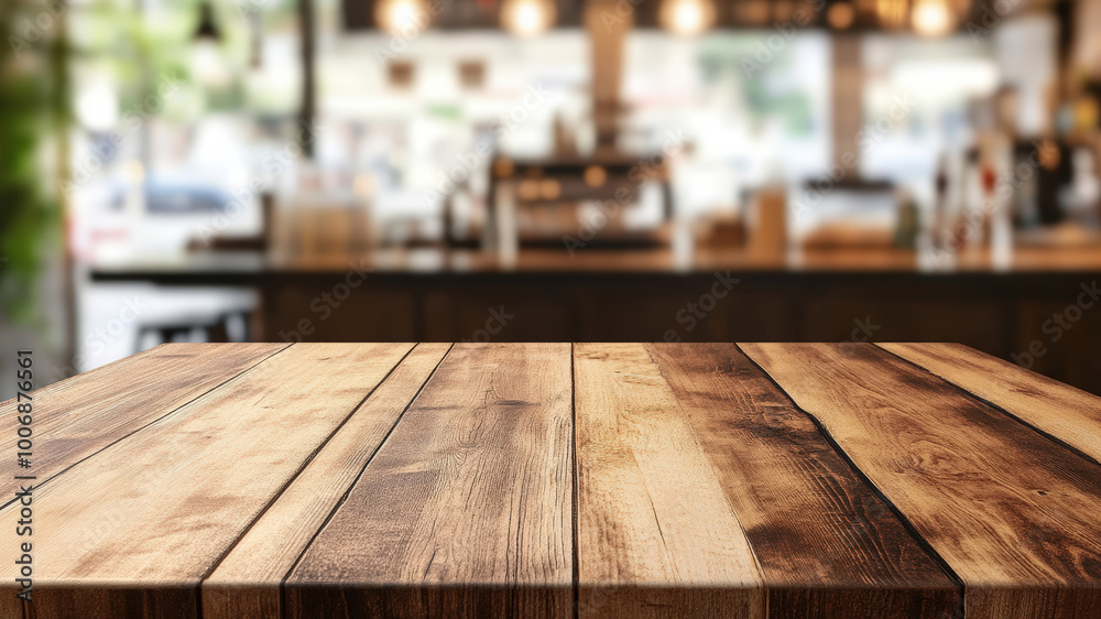 Wooden table in the foreground with a blurred background of a cozy bar with warm lighting. Wooden table in the foreground with a blurred background of a cozy bar with warm lighting.