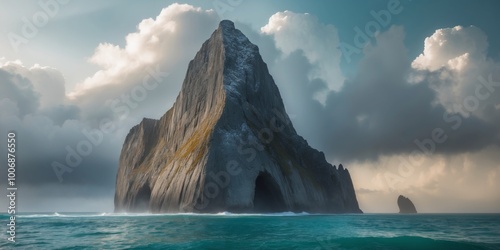 Majestic rock formation in the ocean under a cloudy sky. photo