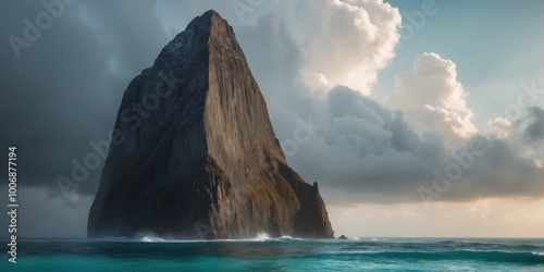 Majestic rock formation in the ocean under a cloudy sky. photo