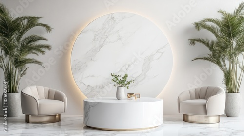 Minimalist white marble podium front view with clean living Room background ideal for luxury lifestyle product displays.