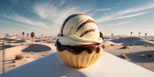 Ice cream with desert themed background aerial view. photo