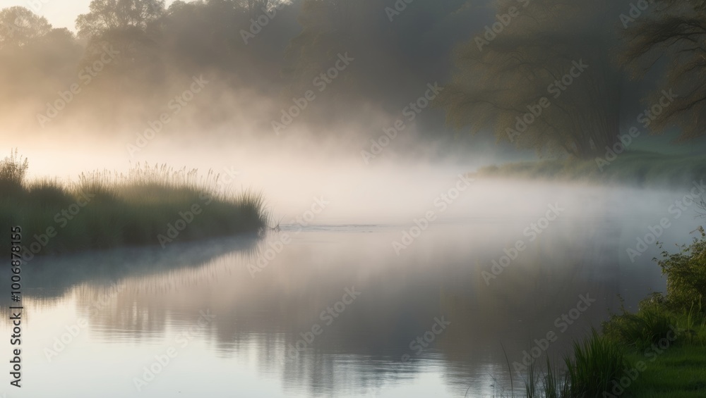 Fototapeta premium Tranquil morning scene by the river with misty water and reflections.