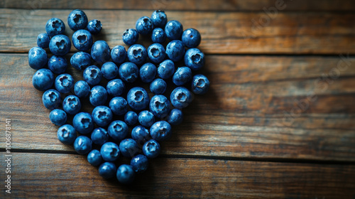 Heart-Shaped Blueberry Arrangement on Rustic Wooden Background. Heart-Healty concept, Heart-Check Certified Fruits. photo