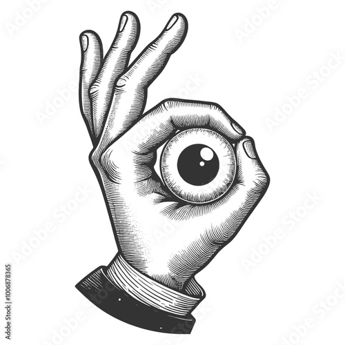 Human eyeball in hand ok gesture sketch engraving vector illustration. Good sign. Scratch board style imitation. Hand drawn style generative ai image.